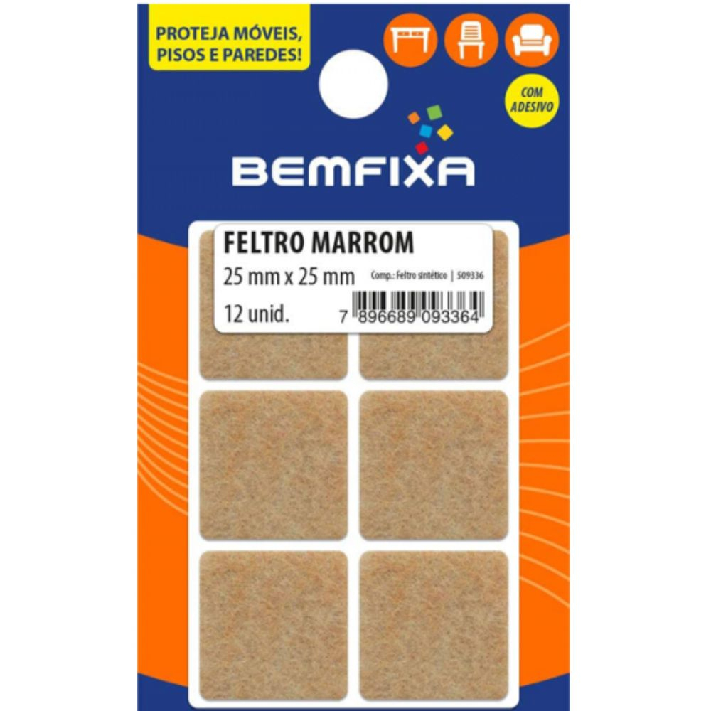 Protetor Adesivo De Feltro Marrom Quadrado 20X25Mm 12 Unidades Bemfixa