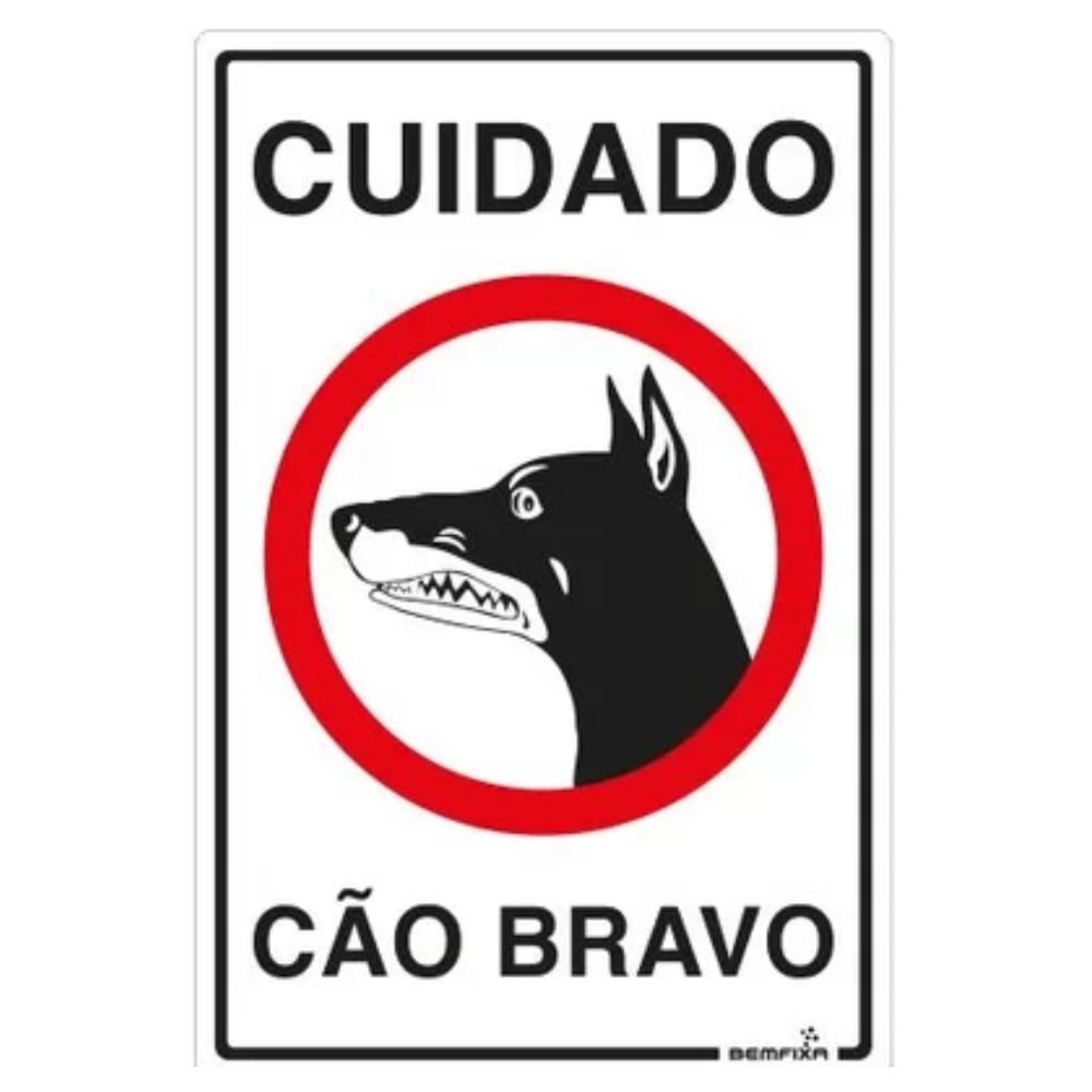Placa De Sinalização Cuidado Cão Bravo 20X30Cm Bemfixa