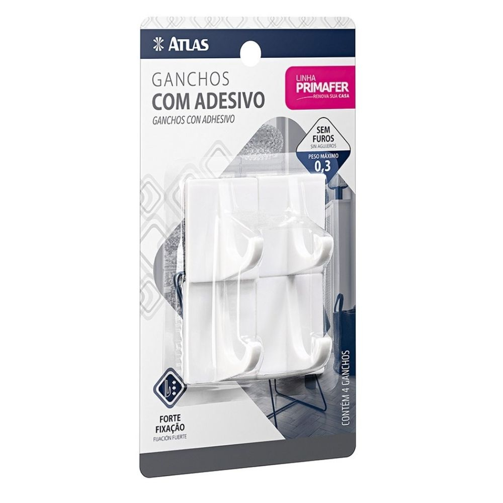 Gancho Quadrado Adesivo 0.3Kg 4 Unidades Branco Primafer