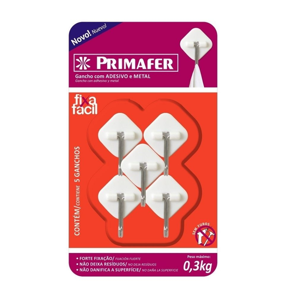 Gancho Adesivo 0.3Kg Pl/Mt 5 Unidades Branco Primafer