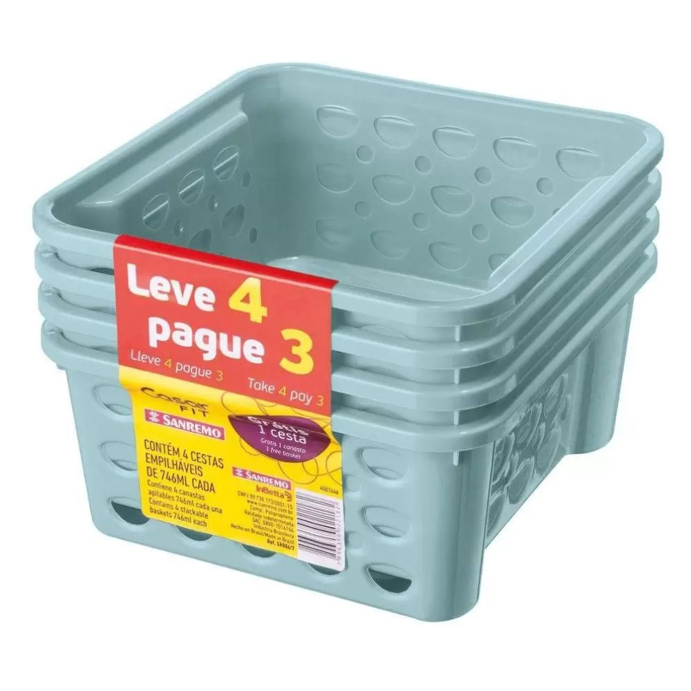 Conjunto De Cesta Plástico Leve 4 Pague 3 746Ml Azul Sanremo