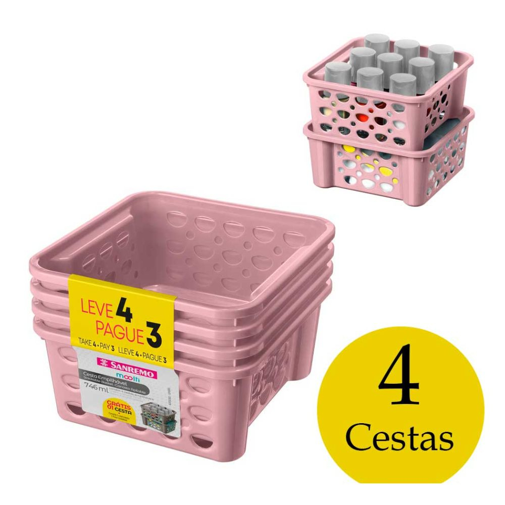 Conjunto De Cesta Plástico Leve 4 Pague 3 746Ml Rosa Sanremo