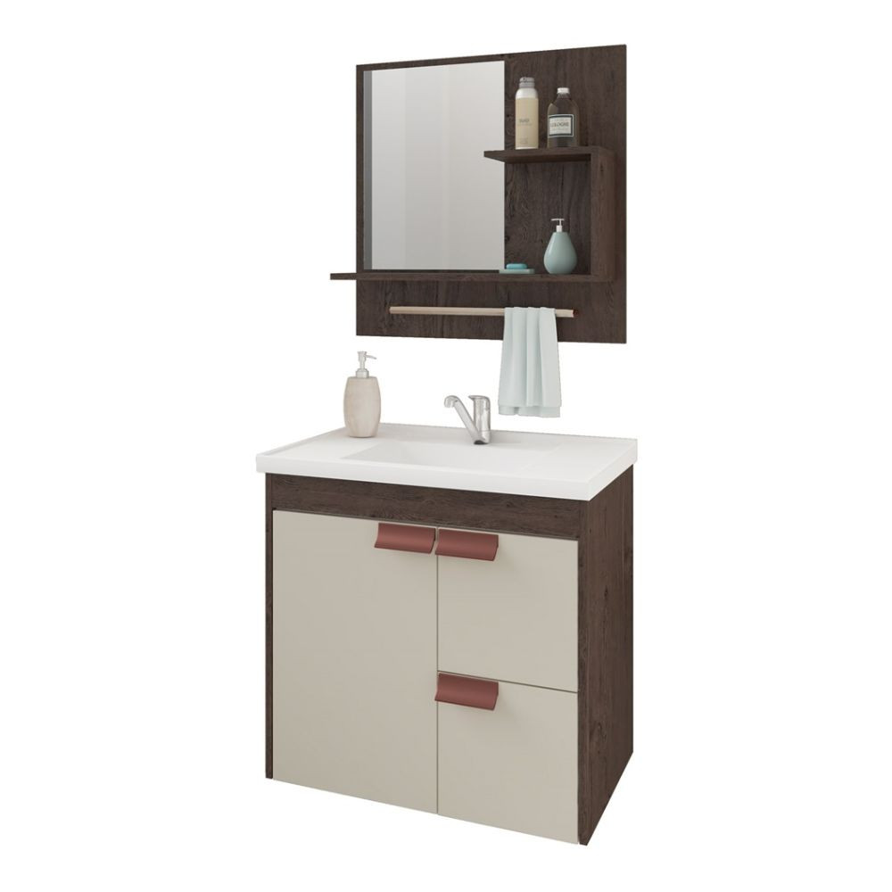 Gabinete Banheiro Kit Tulipa 59Cm Cafe/Offwhite Mgm